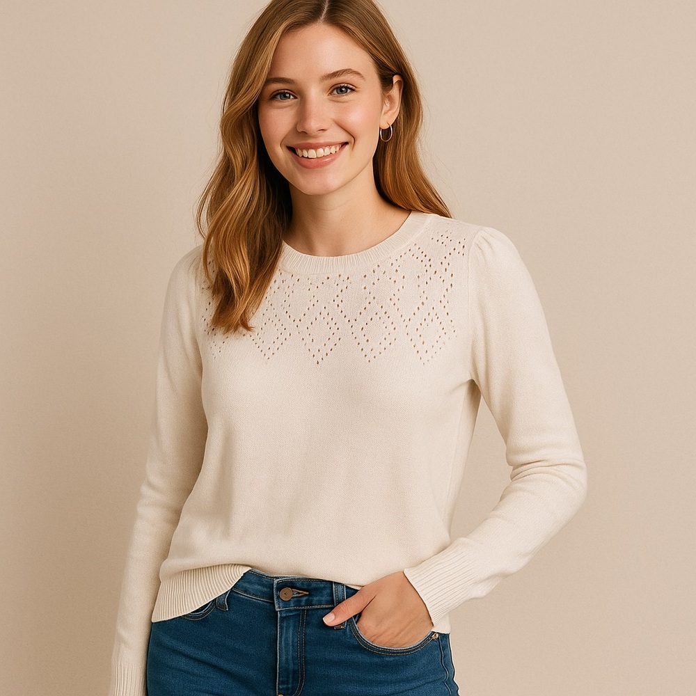 LOFT Ivory Eyelet Knit Wool Blend Crewneck Sweater Women’s Small